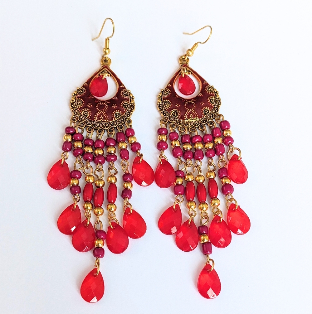 Red and Gold Chandelier Earrings